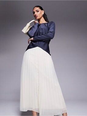 ASOS Navy and White Pleated Maxi Skirt